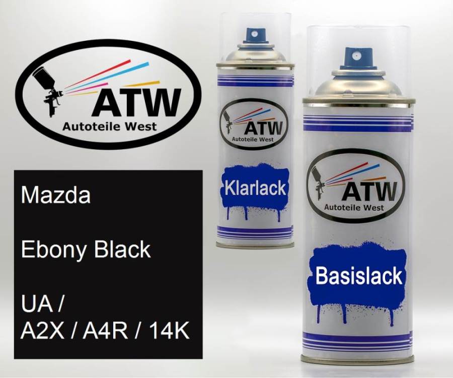 Mazda, Ebony Black, UA / A2X / A4R / 14K: 400ml Sprühdose + 400ml Klarlack - Set, von ATW Autoteile West.